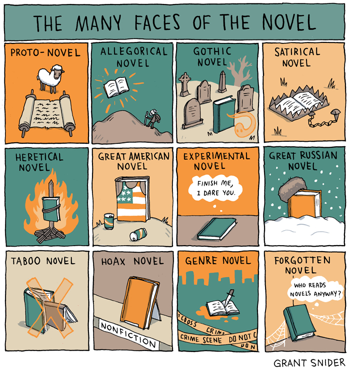 The Many Faces of the Novel from Grant Snider